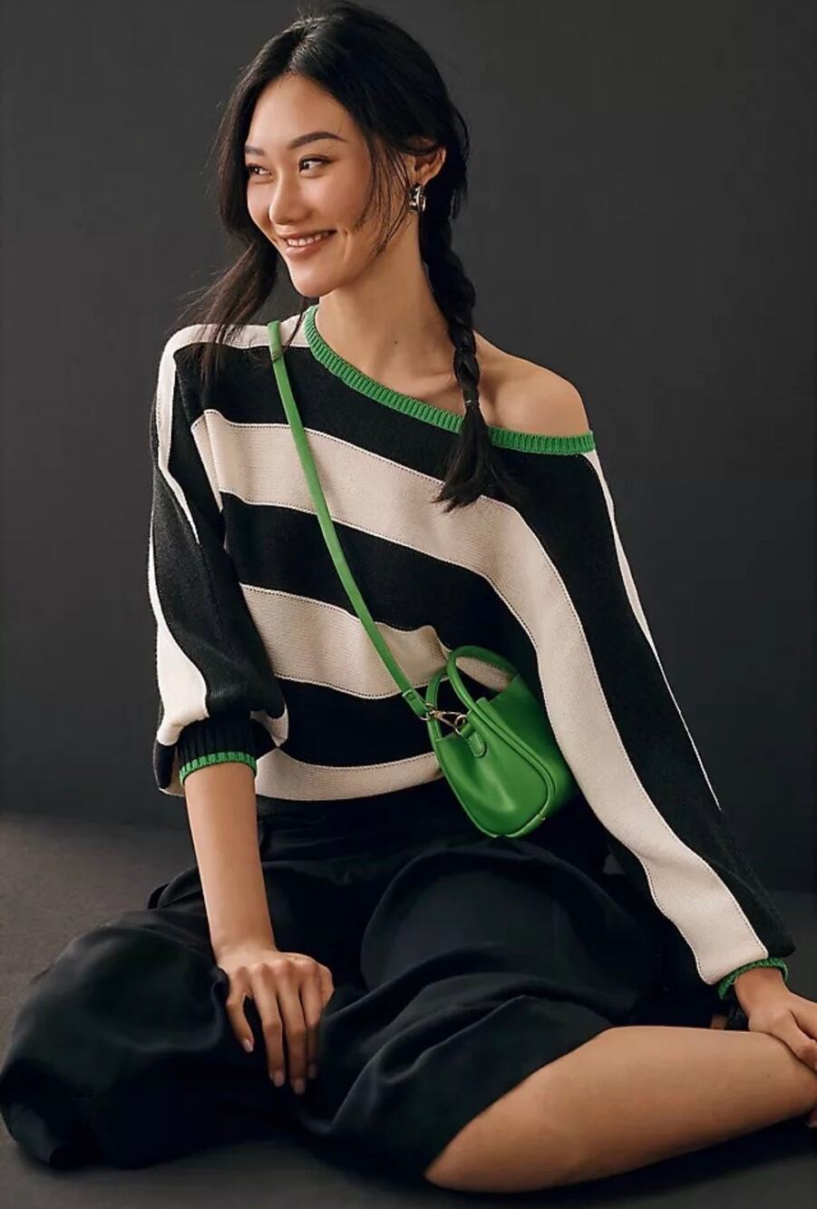 MAEVE x ANTHROPOLOGIE Slouchy Boatneck Sweater Black White Green